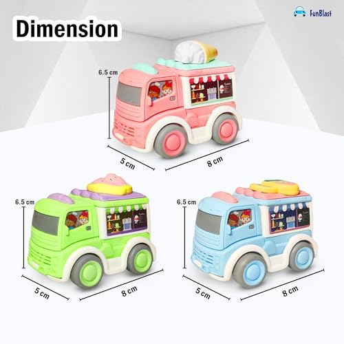 FunBlast ألعاب سيارات ميني فانبلاست – 3 قطع سيارات سحب شاحنات طعام بلاستيكية كرتونية تعليمية للأطفال، مجموعات شاحنات صغيرة للأطفال من عمر 3 سنوات فما فوق – متعددة الألوان - Image 3