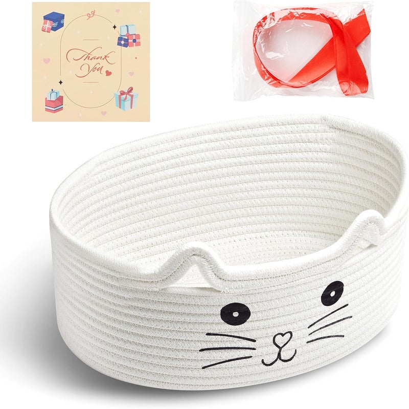 Bufims Small Woven Cat Gifts Basket for Storage Empty Cat Toy Bins Organizer with Ribbons and Bags Durable Cute Pet Gifts 12"X 8" X 5" Small Rope Basket for Gifting - Image 1