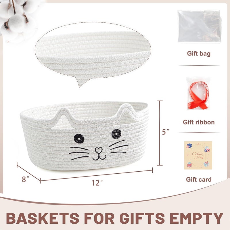 Bufims Small Woven Cat Gifts Basket for Storage Empty Cat Toy Bins Organizer with Ribbons and Bags Durable Cute Pet Gifts 12"X 8" X 5" Small Rope Basket for Gifting - Image 5