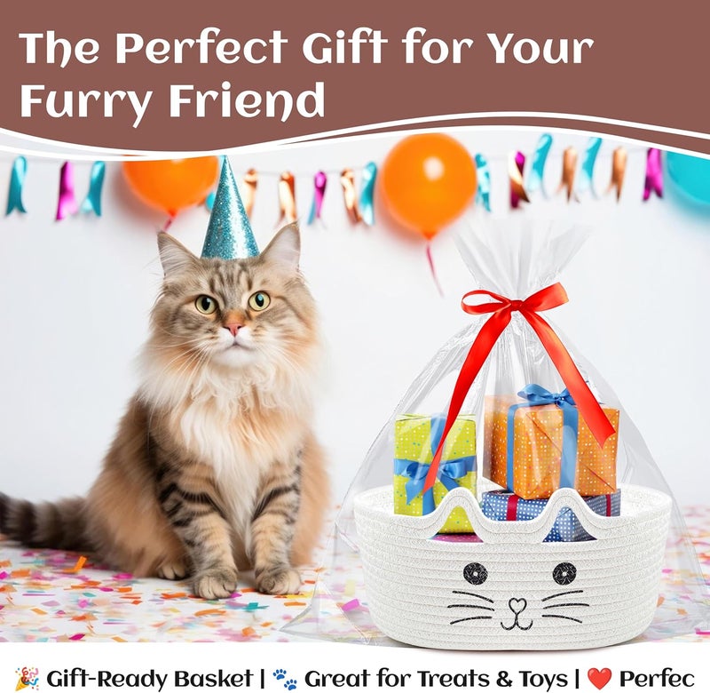 Bufims Small Woven Cat Gifts Basket for Storage Empty Cat Toy Bins Organizer with Ribbons and Bags Durable Cute Pet Gifts 12"X 8" X 5" Small Rope Basket for Gifting - Image 3