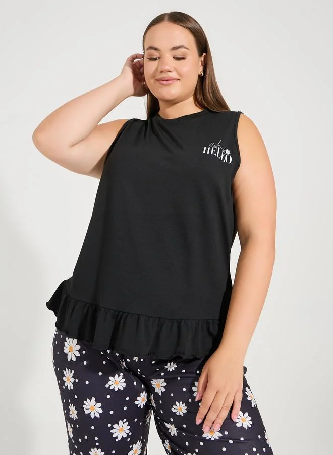 Styli Plus Size Ruffle Hem Graphic Vest & Daisy Print Pyjama Set