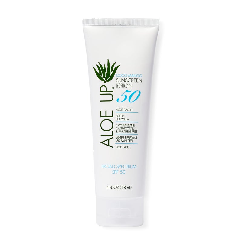 Aloe Up SPF 50 Sunscreen for Sensitive Skin - Broad Spectrum Face and Body Sunblock with Aloe Vera - Reef-Safe, Hydrating Coco-Mango Fragrance, 4 Oz - Image 1