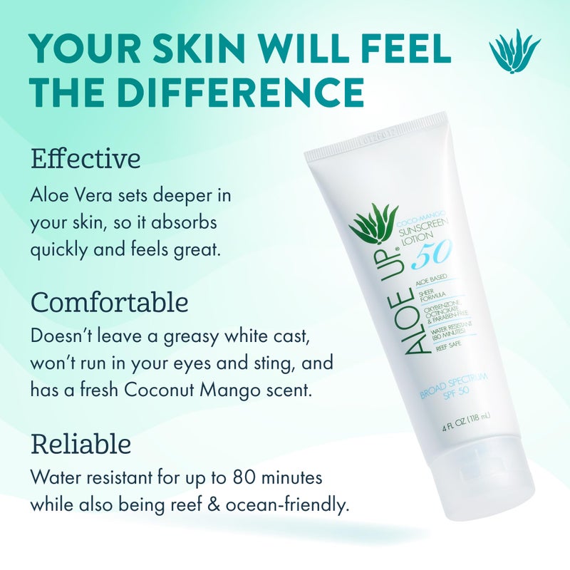 Aloe Up SPF 50 Sunscreen for Sensitive Skin - Broad Spectrum Face and Body Sunblock with Aloe Vera - Reef-Safe, Hydrating Coco-Mango Fragrance, 4 Oz - Image 2