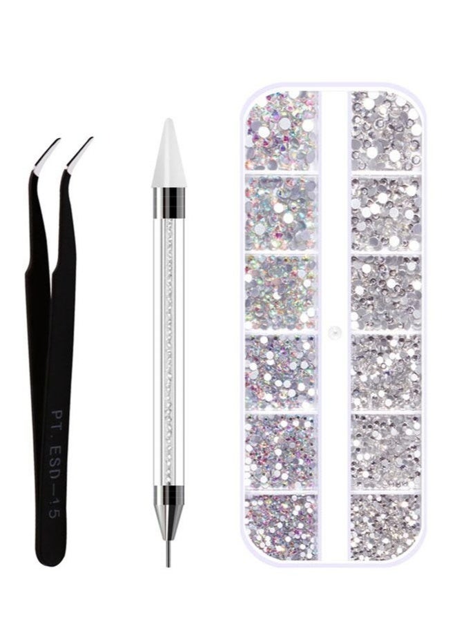Crystal Gems Nail Art Rhinestones Kit with Double -Sided Nail Wax Pen Tools &Tweezers, Charms Gems Nail Set for Face Eye Makeup Decoration &DIY Nail(White） - Image 1