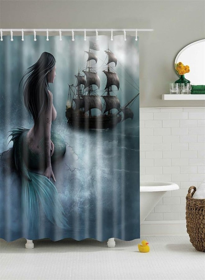 Generic Beautiful Mid-cenutry Mermaid Shower Curtain Vintage Nautical Mermaid with Pirate Ship Sailing in Misty Night Shower Curtain for Bathroom Decor, T0937 - Image 2