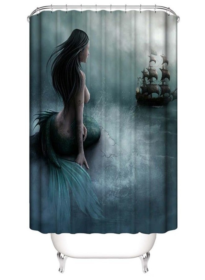 Generic Beautiful Mid-cenutry Mermaid Shower Curtain Vintage Nautical Mermaid with Pirate Ship Sailing in Misty Night Shower Curtain for Bathroom Decor, T0937 - Image 1