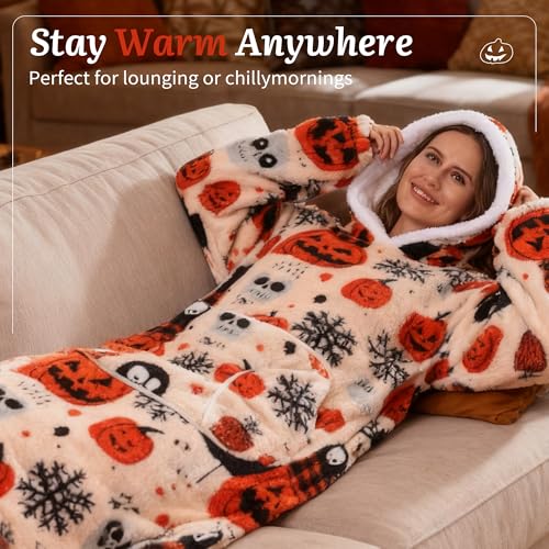 Capecage Blanket Hoodie Long Hooded Blanket Sweatshirt as Birthday Gifts for Women Men Long Wearable Blanket for Women Men Pumpkin2 - Image 3