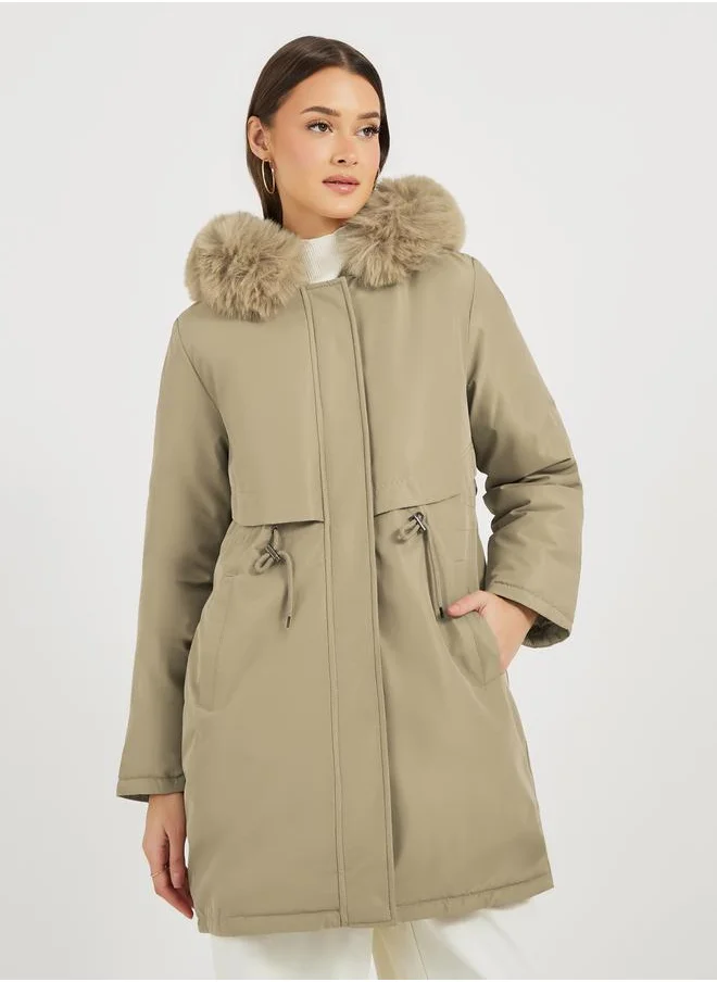 Styli Knee Length Regular Fit Parka Coat