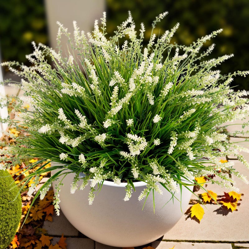 Ammyoo Artificial Plants & Flowers,Plants for Outside,Outdoor Fake Monkey Grass,Hanging Realistic Fall Flowers Decoration UV Resistant Courtyard Window Patio Front Porch Lawn Bushes Garden (White) - Image 1