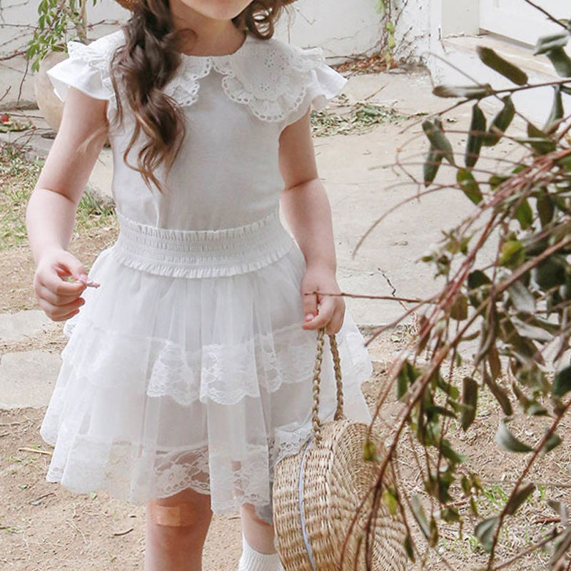 Girls Puffy Skirt 2023 Summer Strawberry Shan Skirt Korean Children Girls Lace Dress Princess Dress Spot (Lm819) white yarn double skirt 