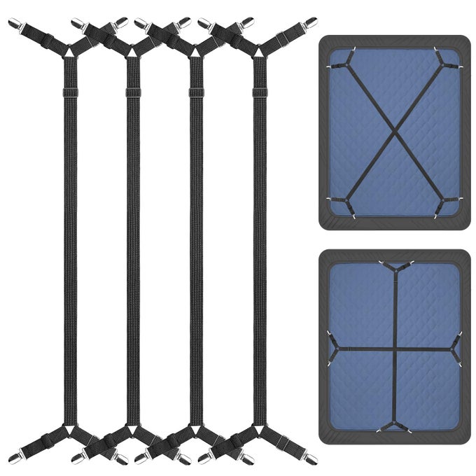 BED SHEET HOLDER STRAPS ADJUSTABLE ELASTIC CRISSCROSS BED SHEET FASTENER STRAPS GRIPPERS SUSPENDERS FOR ALL BED SHEETS MATTRESS COVERS2 SET4PCS BLACK