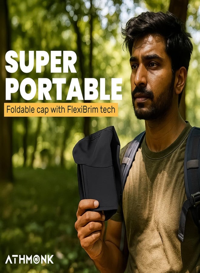 Athmonk FlexiBrim Foldable Sports Cap for Man & Woman with Carry Pouch | Men's Cap for Running, Gym, Rain, Summer | Super Portable, Fits in Pocket Cap with Ventilation Holes | Adjustable Size, Black - Image 2