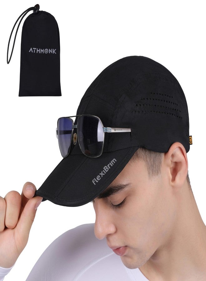 Athmonk FlexiBrim Foldable Sports Cap for Man & Woman with Carry Pouch | Men's Cap for Running, Gym, Rain, Summer | Super Portable, Fits in Pocket Cap with Ventilation Holes | Adjustable Size, Black - Image 1