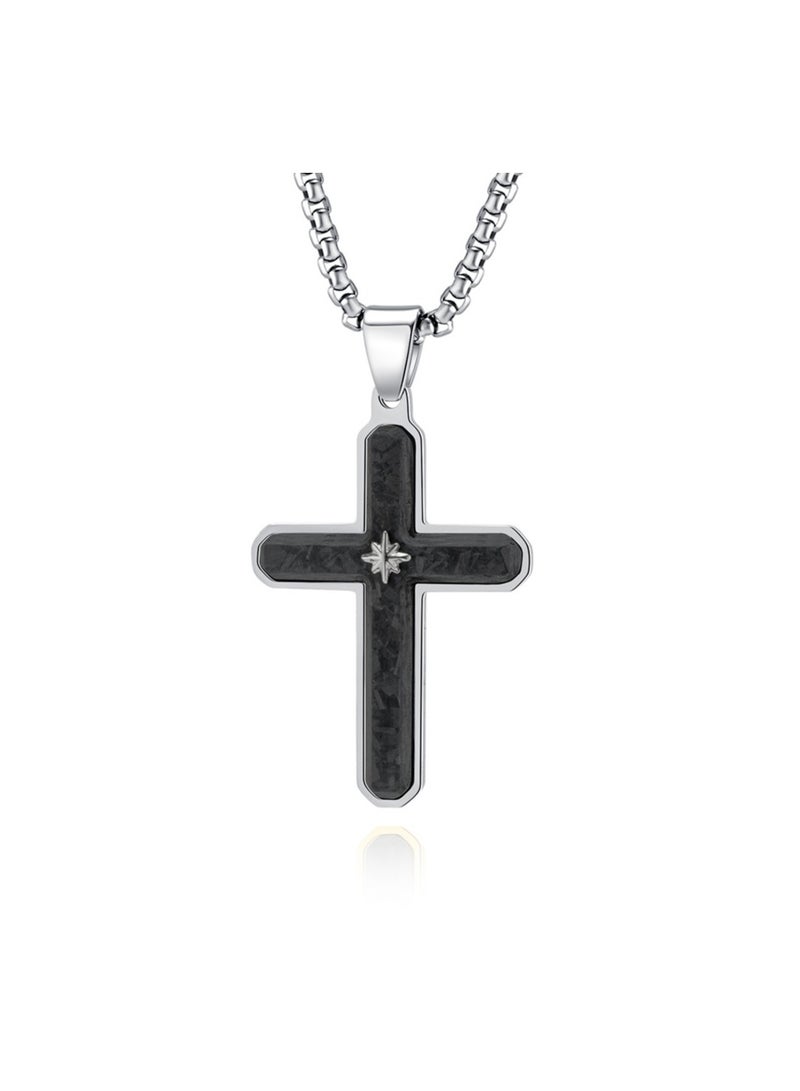 xozgdovg Carbon fiber cross pendant titanium steel hipster domineering hip-hop diamond necklace/silver