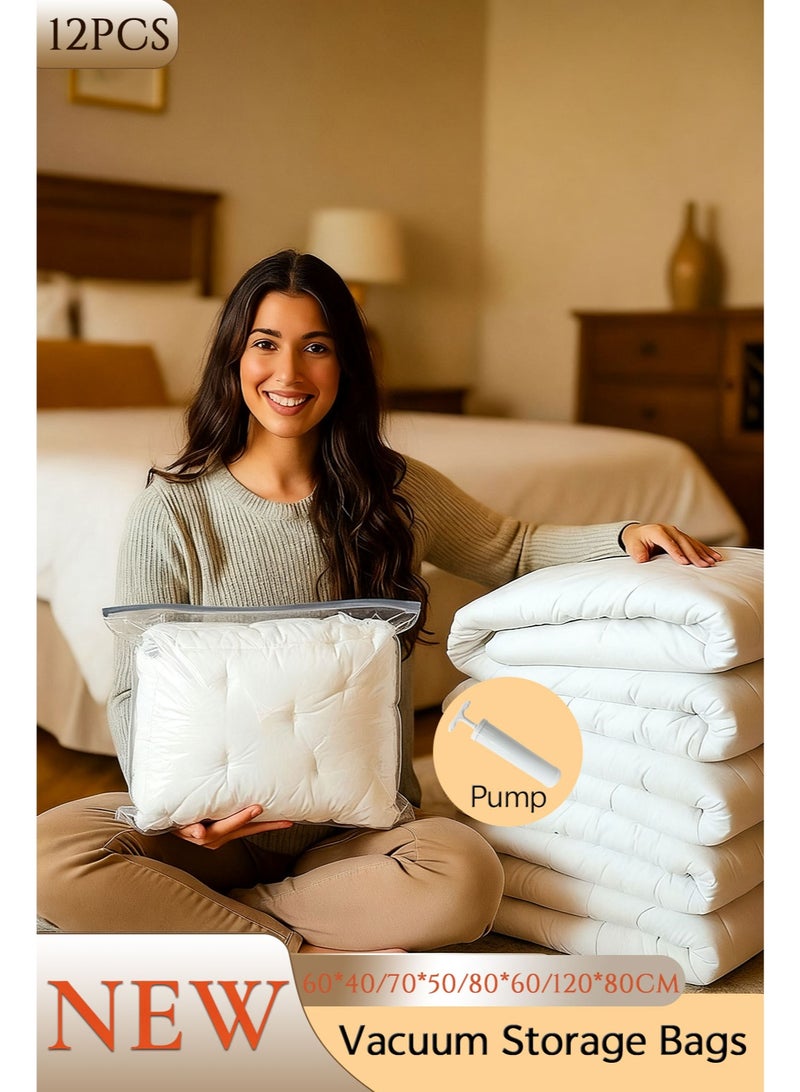 12 Vacuum Storage Bags with Pump - Set of Space-Saving Compression Bags in Various Sizes (3 pieces of each size: 60x40, 70x50, 80x60, 120x80 cm) for Clothes and Bedding - Image 1