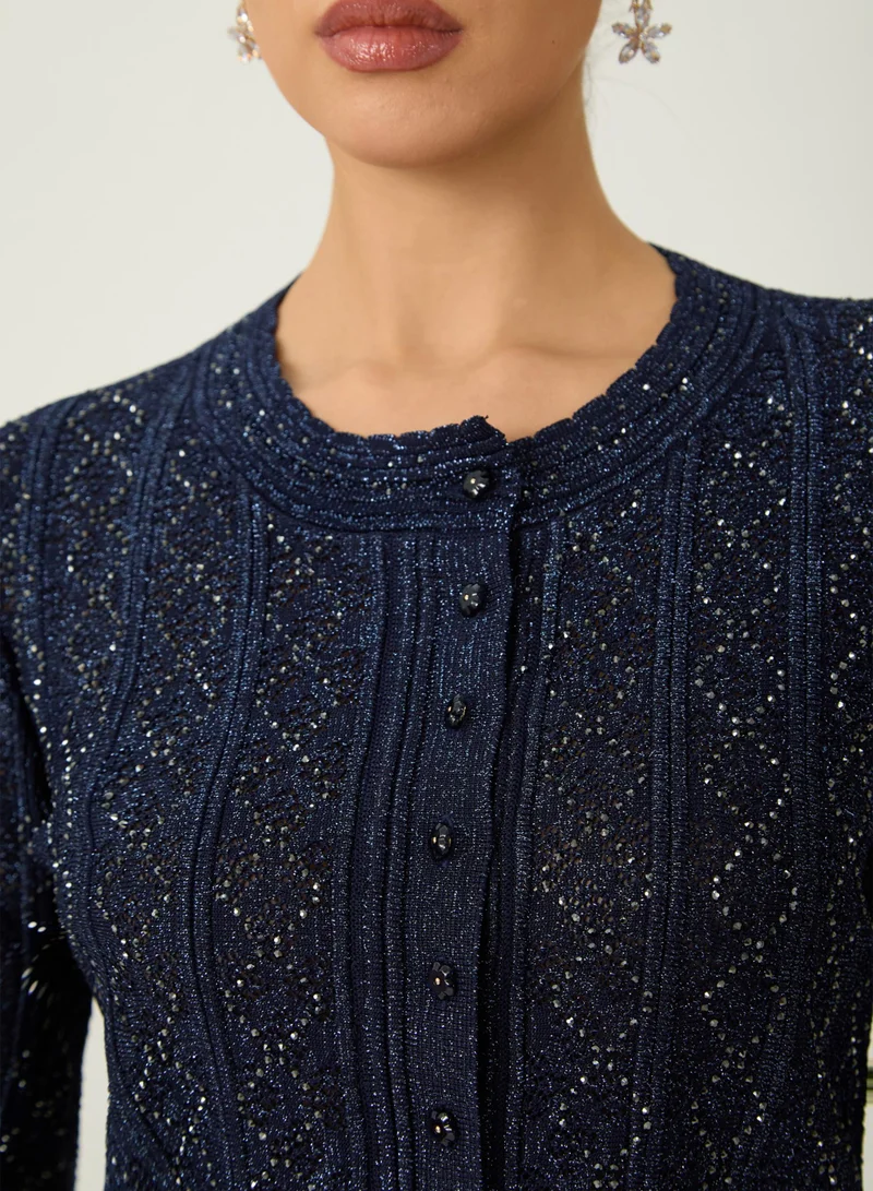 Sunfere  Radiant Personality Blue Diamond Knit Cardigan & Skirt Set for Women | Best Price UAE