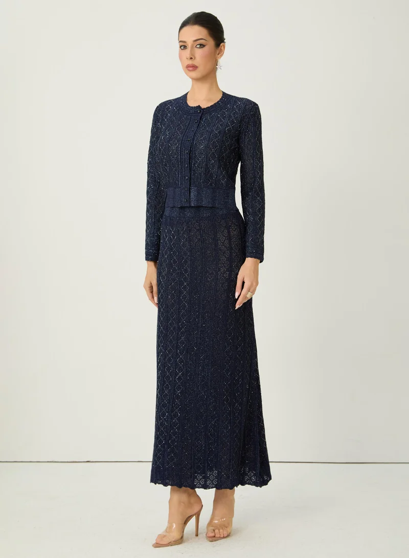 Sunfere Radiant Personality Blue Diamond Knit Cardigan & Skirt Set