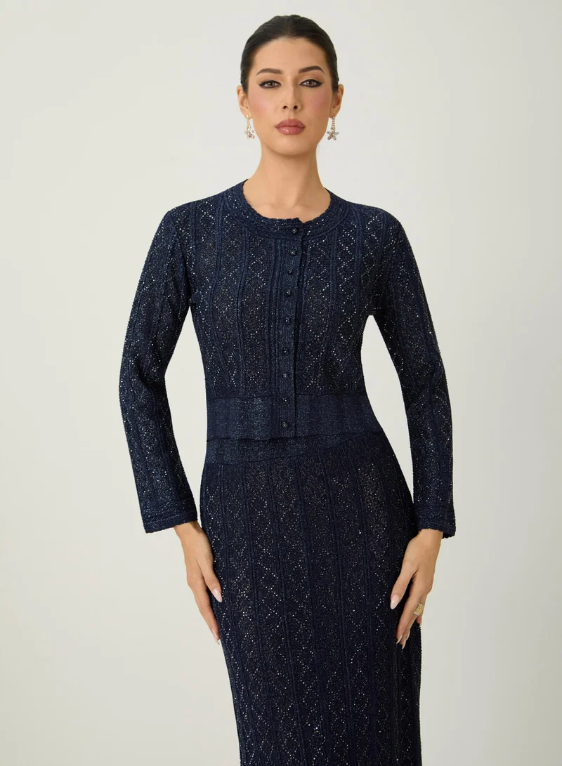 Sunfere  Radiant Personality Blue Diamond Knit Cardigan & Skirt Set for Women | Best Price UAE