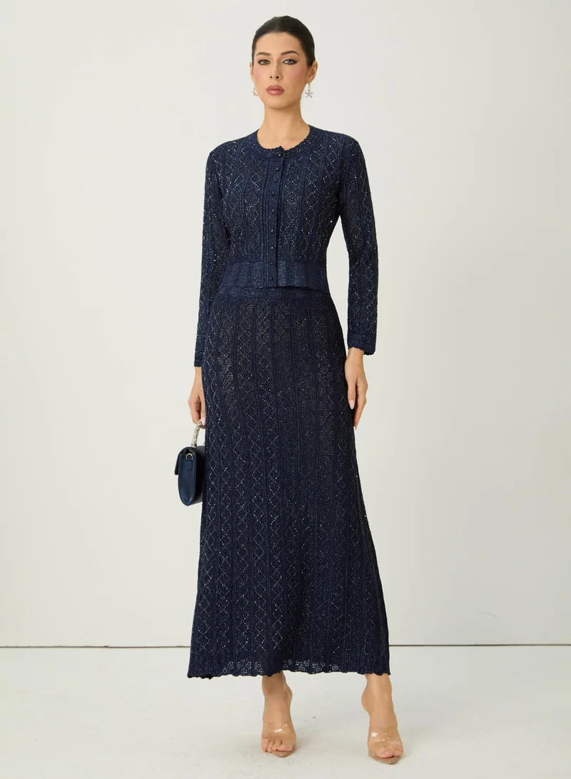 Sunfere Radiant Personality Blue Diamond Knit Cardigan & Skirt Set