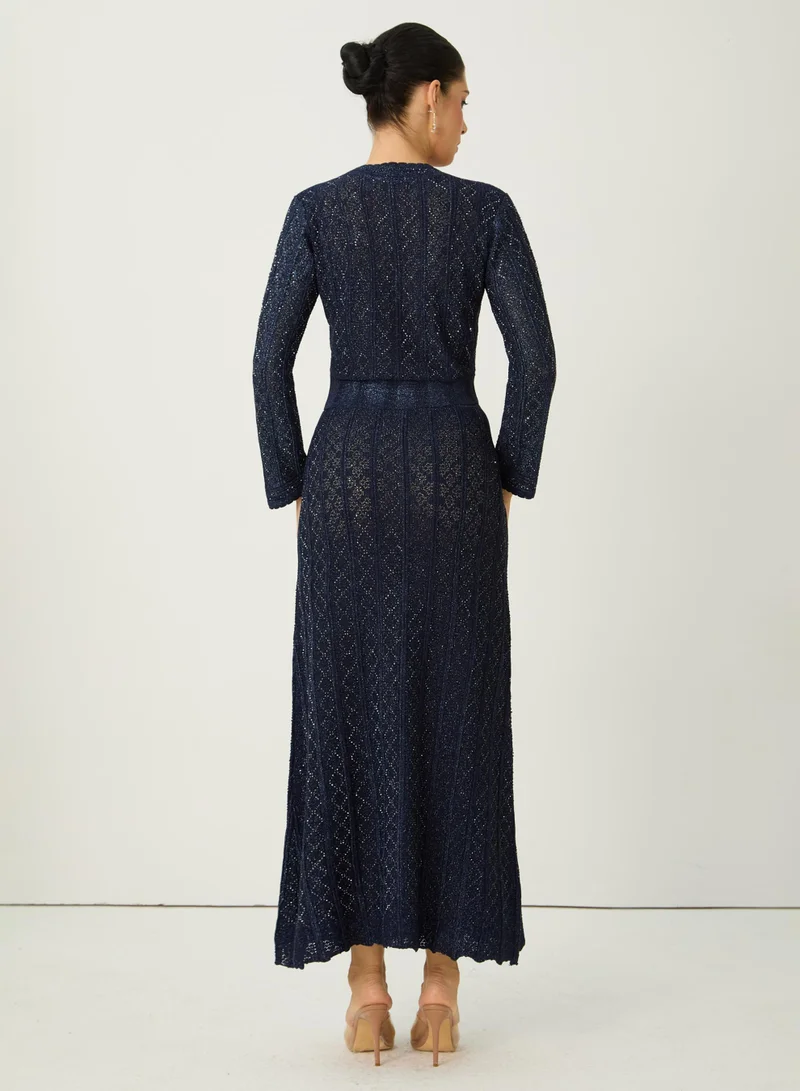 Sunfere  Radiant Personality Blue Diamond Knit Cardigan & Skirt Set for Women | Best Price UAE