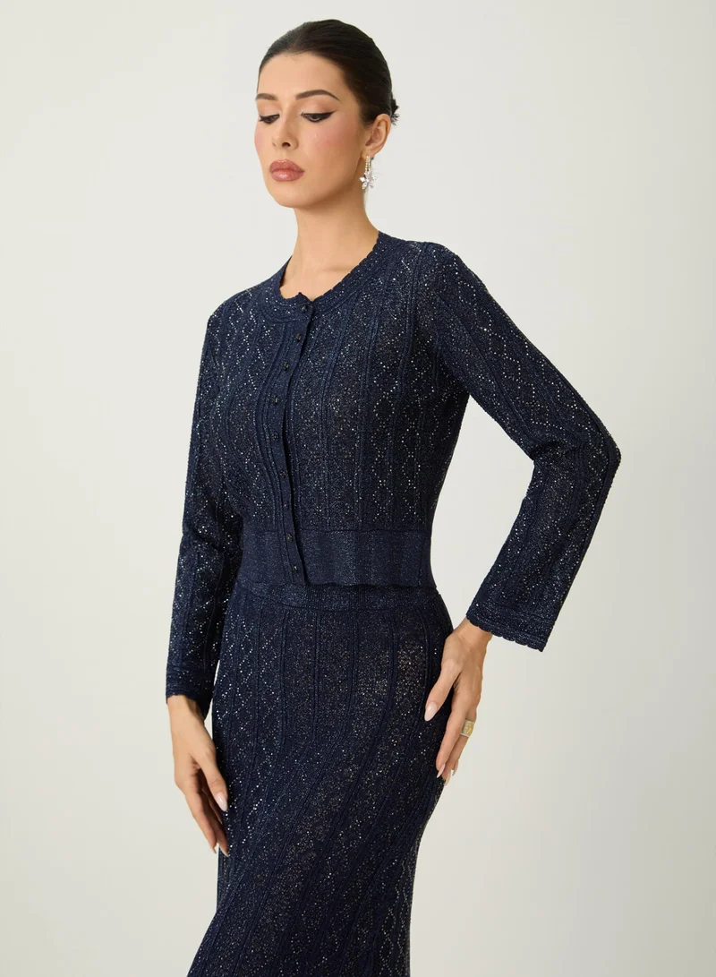 Sunfere  Radiant Personality Blue Diamond Knit Cardigan & Skirt Set for Women | Best Price UAE
