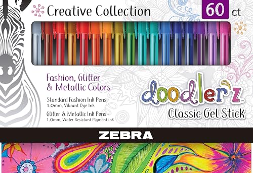 Zebra Pen doodlerz Gel Stick Pens 10mm NeedlePoint Tip Fashion Glitter and Metallic Gel Ink Vibrant Assorted Colors WaterBased Ink Art and School Pens 60 Count Pack 41960 - Image 1