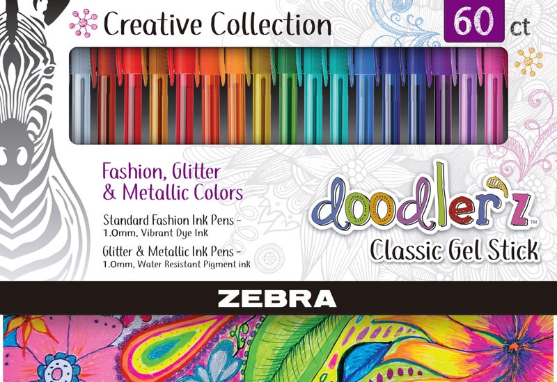 Zebra Pen doodlerz Gel Stick Pens 10mm NeedlePoint Tip Fashion Glitter and Metallic Gel Ink Vibrant Assorted Colors WaterBased Ink Art and School Pens 60 Count Pack 41960 - Image 2