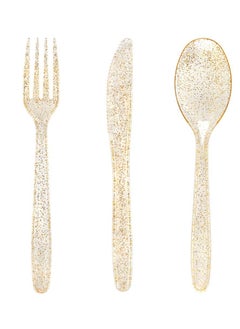 KASTWAVE 30 Pieces PVC Plastic Knife and Fork Cutlery Set,Disposable Gold Glitter Plastic Tableware Set - Plastic Tableware Includes: 10 Gold Forks, 10 Gold Spoons, 10 Gold Knives Fancy Partyware  - Image 1