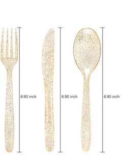 KASTWAVE 30 Pieces PVC Plastic Knife and Fork Cutlery Set,Disposable Gold Glitter Plastic Tableware Set - Plastic Tableware Includes: 10 Gold Forks, 10 Gold Spoons, 10 Gold Knives Fancy Partyware  - Image 3