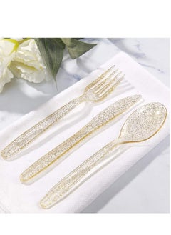 KASTWAVE 30 Pieces PVC Plastic Knife and Fork Cutlery Set,Disposable Gold Glitter Plastic Tableware Set - Plastic Tableware Includes: 10 Gold Forks, 10 Gold Spoons, 10 Gold Knives Fancy Partyware  - Image 4
