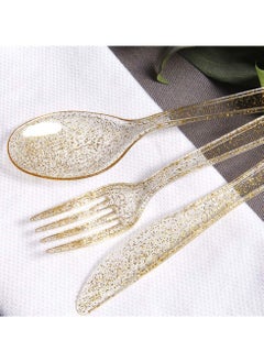 KASTWAVE 30 Pieces PVC Plastic Knife and Fork Cutlery Set,Disposable Gold Glitter Plastic Tableware Set - Plastic Tableware Includes: 10 Gold Forks, 10 Gold Spoons, 10 Gold Knives Fancy Partyware  - Image 2