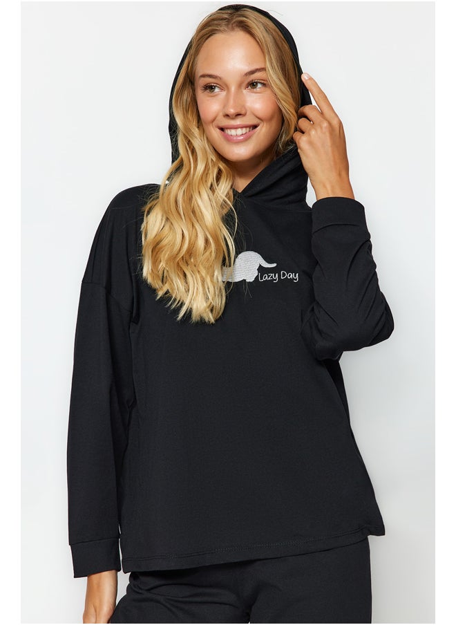 trendyol - Black Cat Printed Sweatshirt-Pants and Knitted Pajamas Set THMAW24PT00044 - Image 1