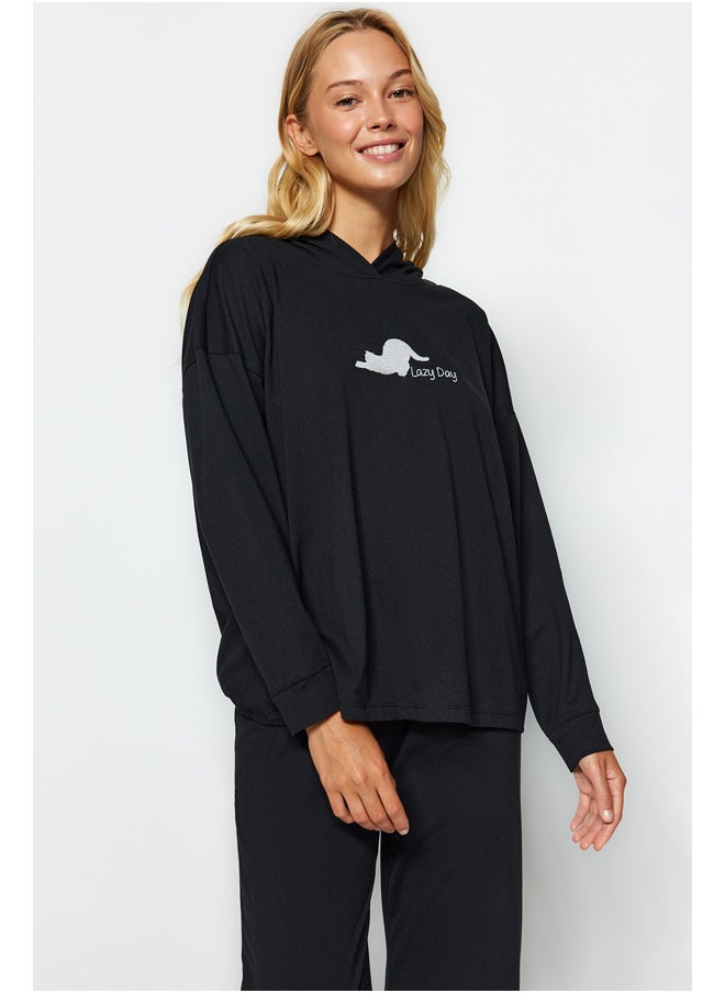 trendyol - Black Cat Printed Sweatshirt-Pants and Knitted Pajamas Set THMAW24PT00044 - Image 1