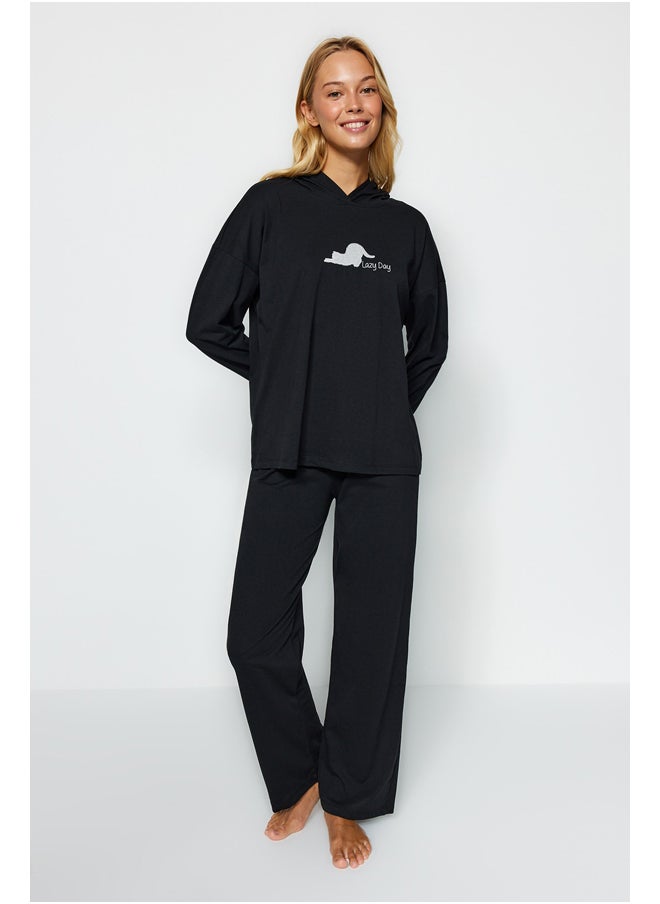 trendyol - Black Cat Printed Sweatshirt-Pants and Knitted Pajamas Set THMAW24PT00044 - Image 1