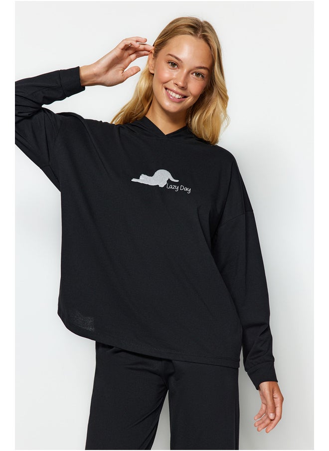 trendyol - Black Cat Printed Sweatshirt-Pants and Knitted Pajamas Set THMAW24PT00044 - Image 1