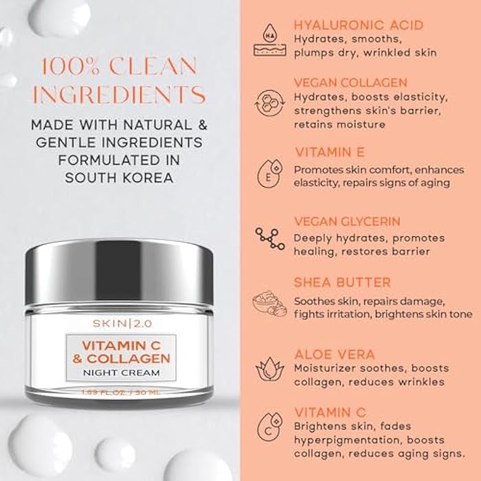 Skin 2.0 Vitamin C & Collagen Face Moisturizer – Hydrating Anti Aging Night Cream For Uneven & Dry Skin, Firms & Smooths Fine Lines – Dermatologist Tested, Korean Skin Care, Clean Beauty – 1.69 Fl Oz - Image 3