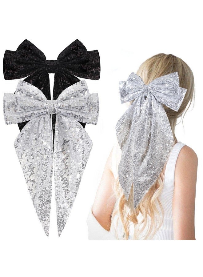 Oaoleer 2Pcs Big Glitter Layered Hair Bows For Women Girls 8 Inch Barrette Hair Clip Black Sliver Sparkly Large Long Bows Style Hair Accessories (Black+Silver) - Image 1