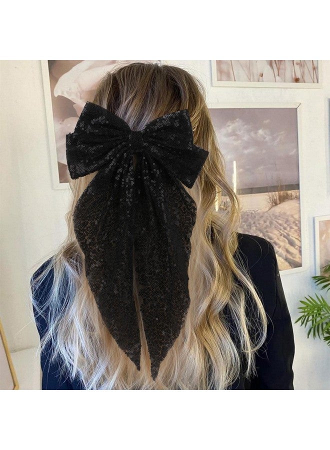 Oaoleer 2Pcs Big Glitter Layered Hair Bows For Women Girls 8 Inch Barrette Hair Clip Black Sliver Sparkly Large Long Bows Style Hair Accessories (Black+Silver) - Image 5