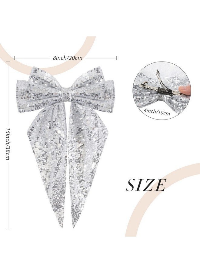 Oaoleer 2Pcs Big Glitter Layered Hair Bows For Women Girls 8 Inch Barrette Hair Clip Black Sliver Sparkly Large Long Bows Style Hair Accessories (Black+Silver) - Image 4
