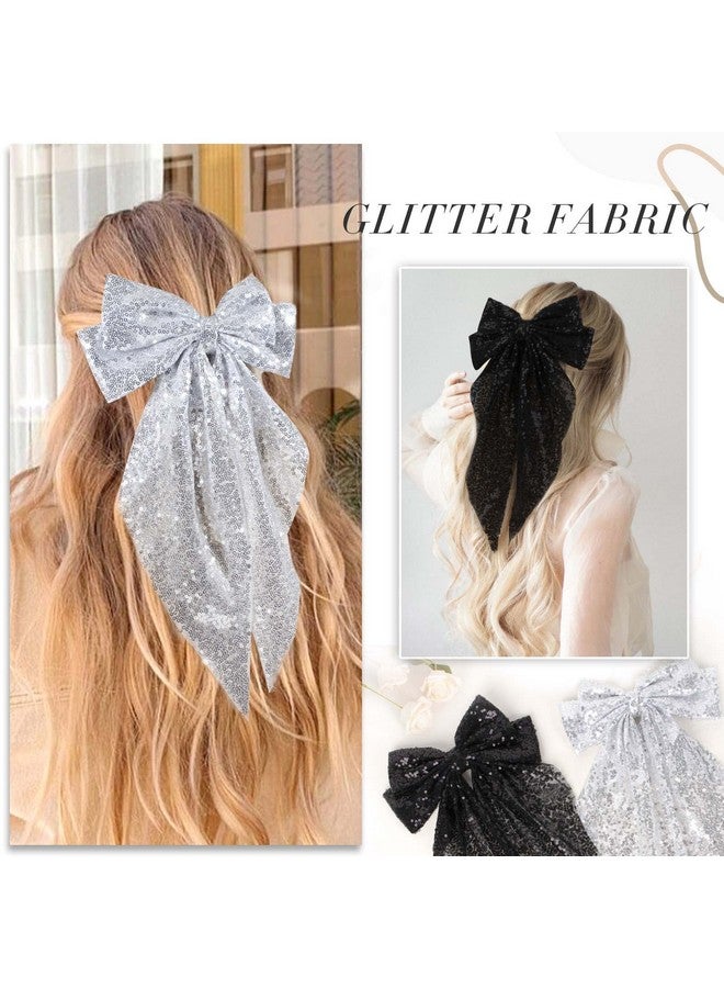 Oaoleer 2Pcs Big Glitter Layered Hair Bows For Women Girls 8 Inch Barrette Hair Clip Black Sliver Sparkly Large Long Bows Style Hair Accessories (Black+Silver) - Image 3