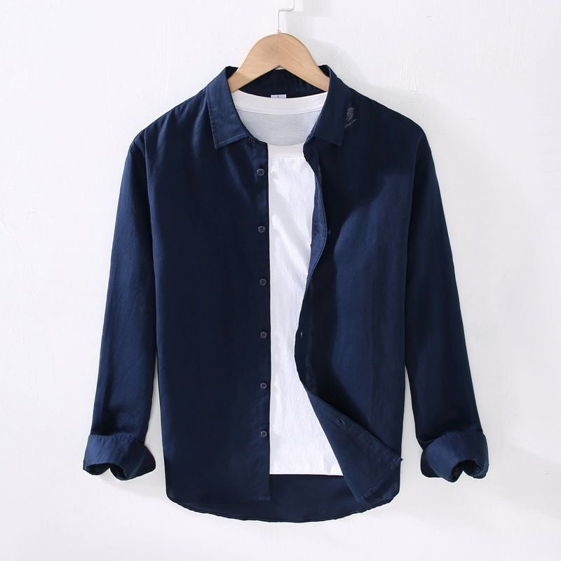 Thin Linen Shirt Mens Long-sleeved Casual Loose Cotton and Linen Shirt Linen Fabric Top White Inner Fashion Spring and Summer Royal Blue  - Image 1