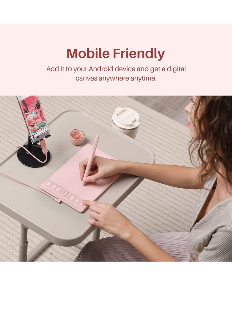 SYOSI 6x4 Inches Drawing Tablet, Digital Drawing Art Pad with 6 Shortcut Keys,Battery-Free 8192 Passive Stylus，Computer Graphic Pen Tablet Work for Mac, Windows PC and Android(Pink) - Image 4