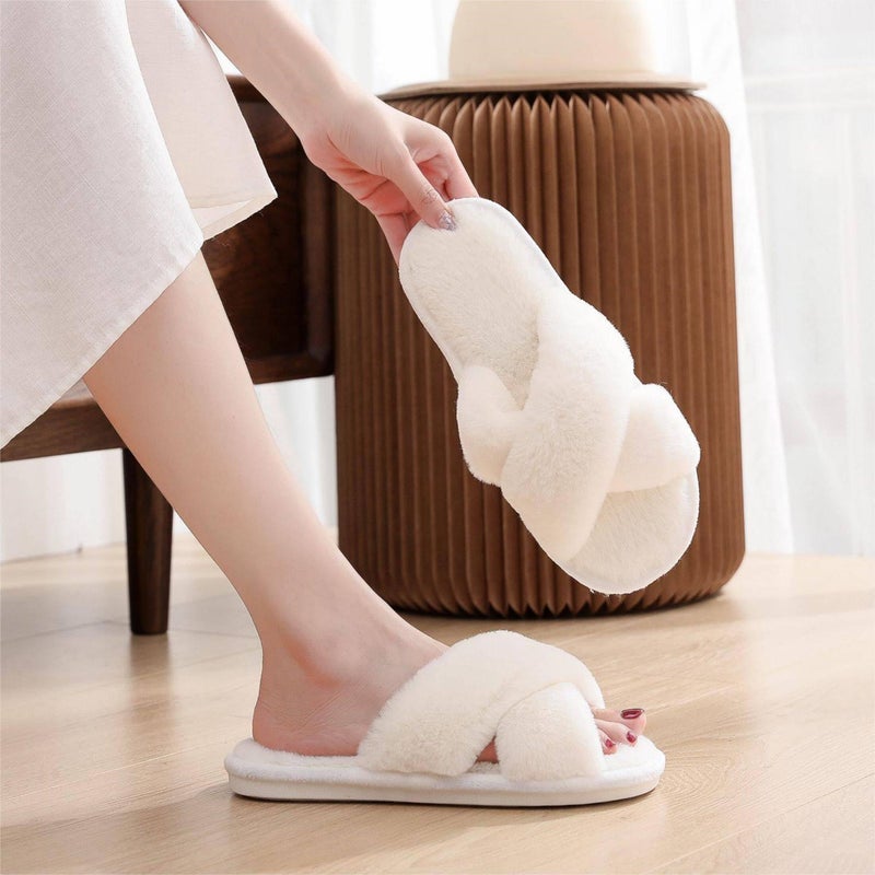 Crazy Lady Women's Fluffy Furry Faux Fur Slippers Open Toe Cozy House Memory Foam Sandals Slides Anti-Slip SPA Indoor Outdoor Shoes(White38) - Image 2
