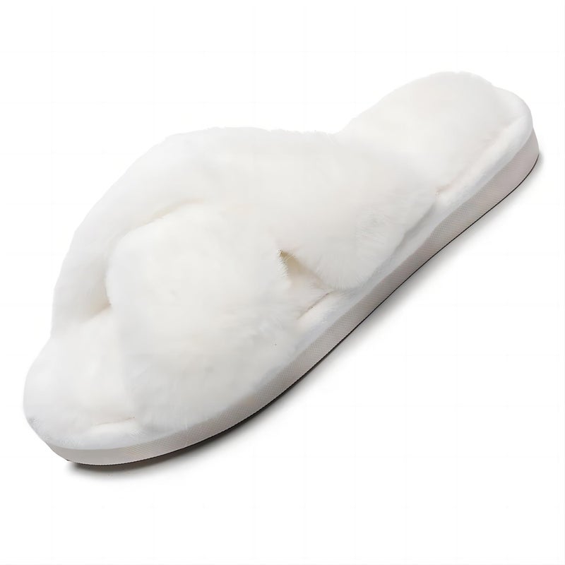 Crazy Lady Women's Fluffy Furry Faux Fur Slippers Open Toe Cozy House Memory Foam Sandals Slides Anti-Slip SPA Indoor Outdoor Shoes(White38) - Image 1