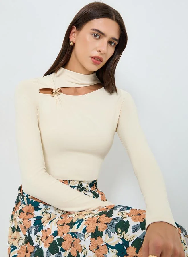 Take Two Beige Long Sleeve Cutout Top