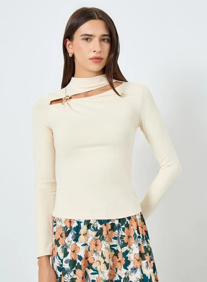 Take Two Beige Long Sleeve Cutout Top