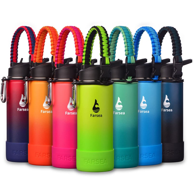 Farsea Insulated Water Bottle With Paracord Handle Protective Silicone Boot and 2 Lids Straw Lid Spout Lid Stainless Steel Water Bottle Wide Mouth Double Wall SweatProof BPAFree 18 oz