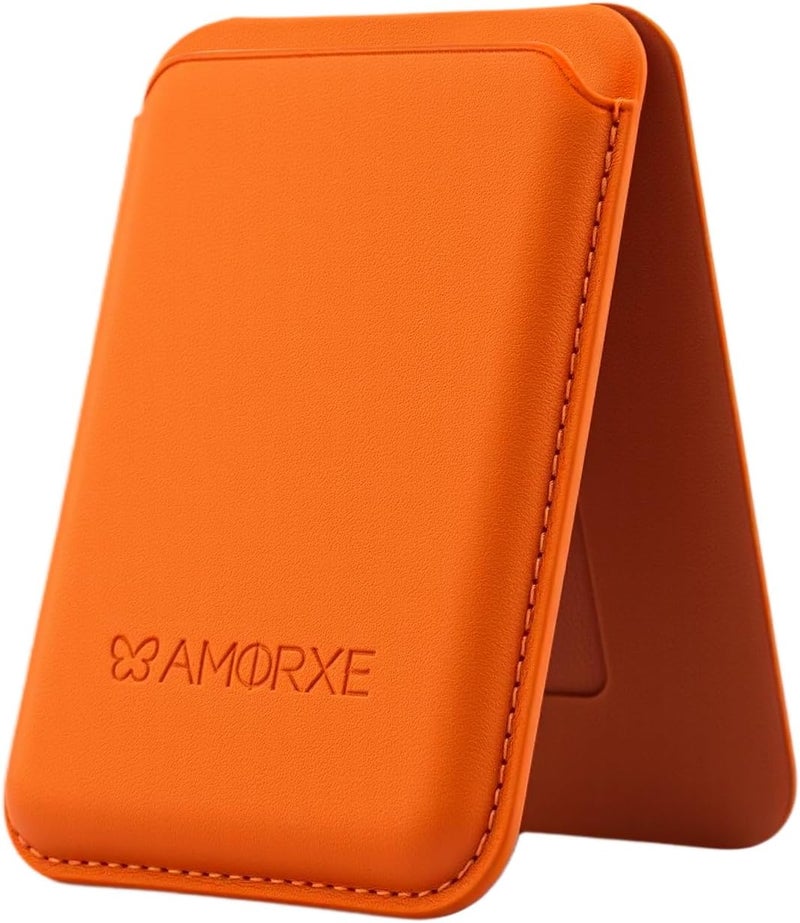 AMORXE MagSafe Wallet & Cardholder with Stand, Strong N52 Magnets, Slim Leather Design,Spring Clip Hold 1–3 Cards Securely,Compatible with iPhone 17/16/15/14/13/12 Series (Not 12/13 Mini), Orange, 1.1 cm (D - Image 1