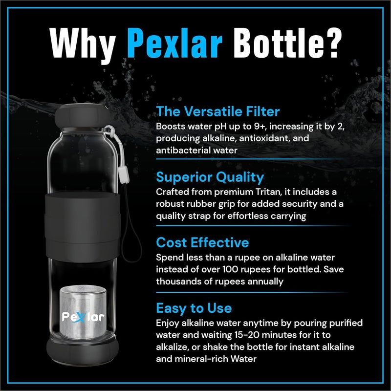 Pexlar Alkaline Water Filter Bottle Borosilicate Glass Alkaline Water Generator Black 500 ml - Image 5