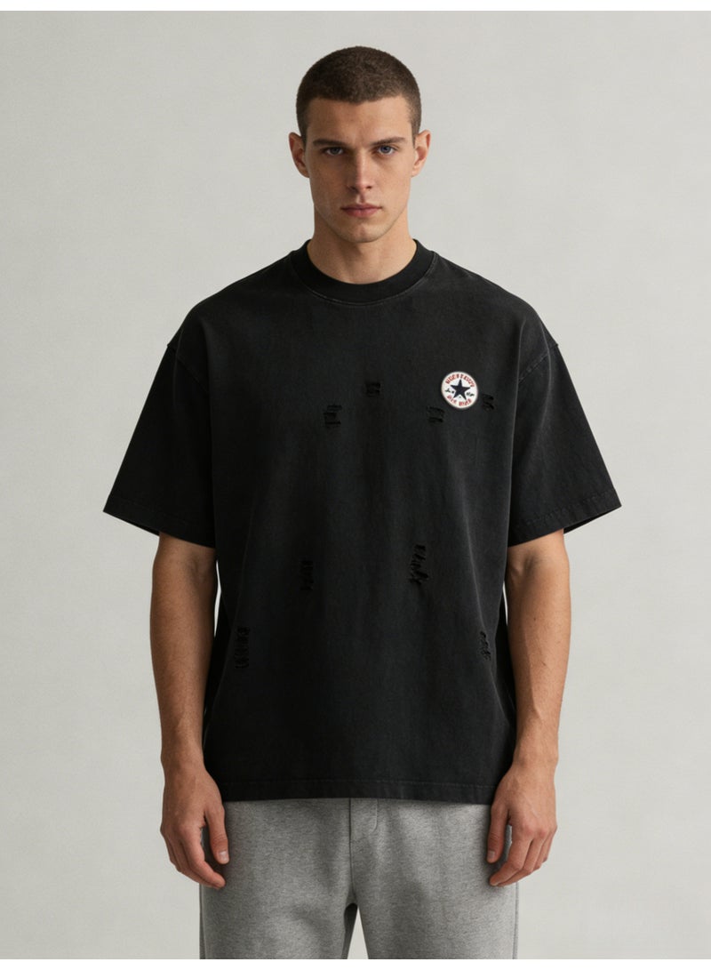كونفرس Converse Unisex Black Distressed Oversized T-Shirt, Vintage Washed Cotton, Casual Streetwear for Men & Women in KSA - Image 1